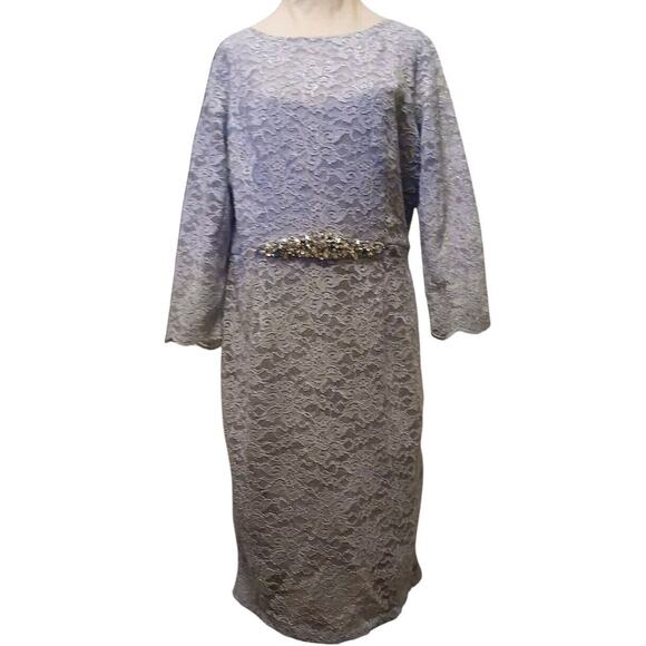 Jessica Howard Lace Sheath Dress JEWELED Sz 16 Ice Blue Sparkle Formal Vintage - Picture 1 of 17